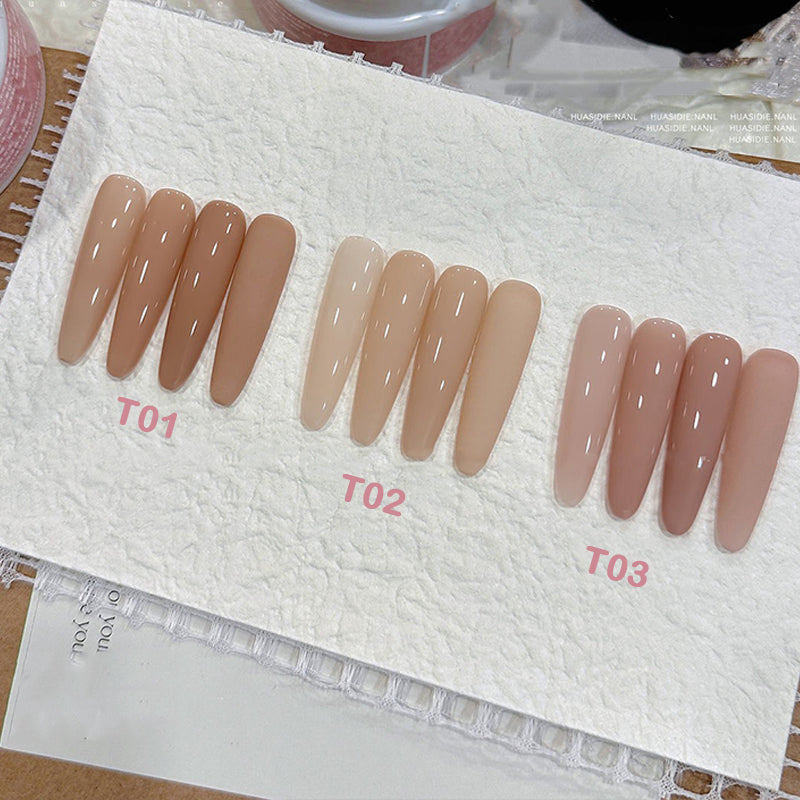 Neutral nude nail gel in sleek bottle with minimalistic design.