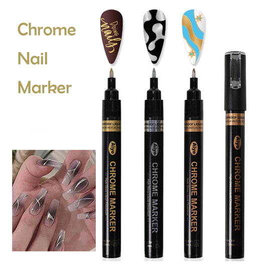 A set of four chrome nail art graffiti pens with different nail art designs demonstrating the mirror effect.
