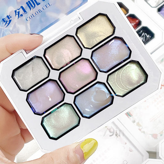 A palette of nail gel polishes in various colors, with a shimmering, iridescent finish.