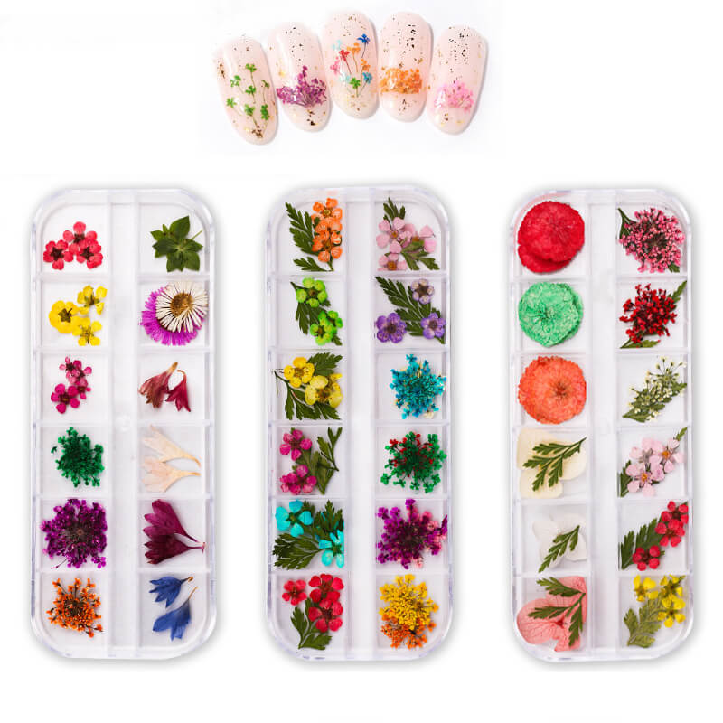 Clear plastic containers with various colorful dried flower decals for nail art.