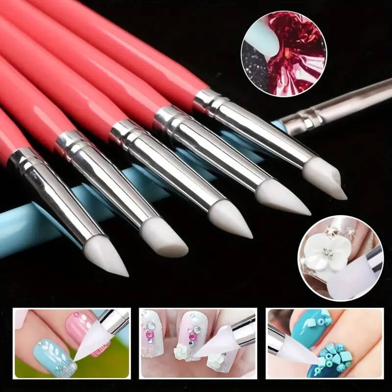 A set of 5 dual-ended nail art sculpture pens with various color tips, displayed on a dark background with examples of nail art created with the pens.
