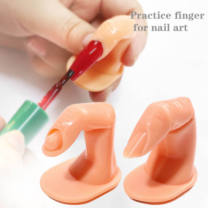 A pair of silicone practice nail training fingers, one being used to paint a fingernail with a red nail polish, and the other shown separately.