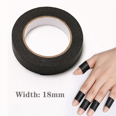 A roll of black anti-UV tape for nail paper masking, with a portion of the tape unrolled and applied to a person's hand to demonstrate its use.