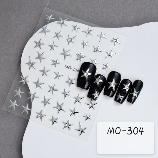Five point star with rhinestone nail art sticker sheet with shimmering stars and crystal accents