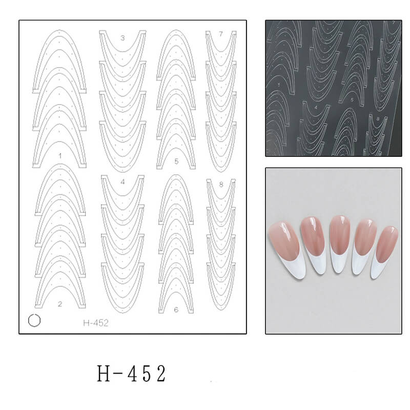Nail art design sheet with french patterns and sample nails on a white background