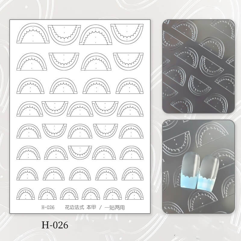 Nail art design sheet with watermelon slice french patterns and a set of nail stickers on a gray background.