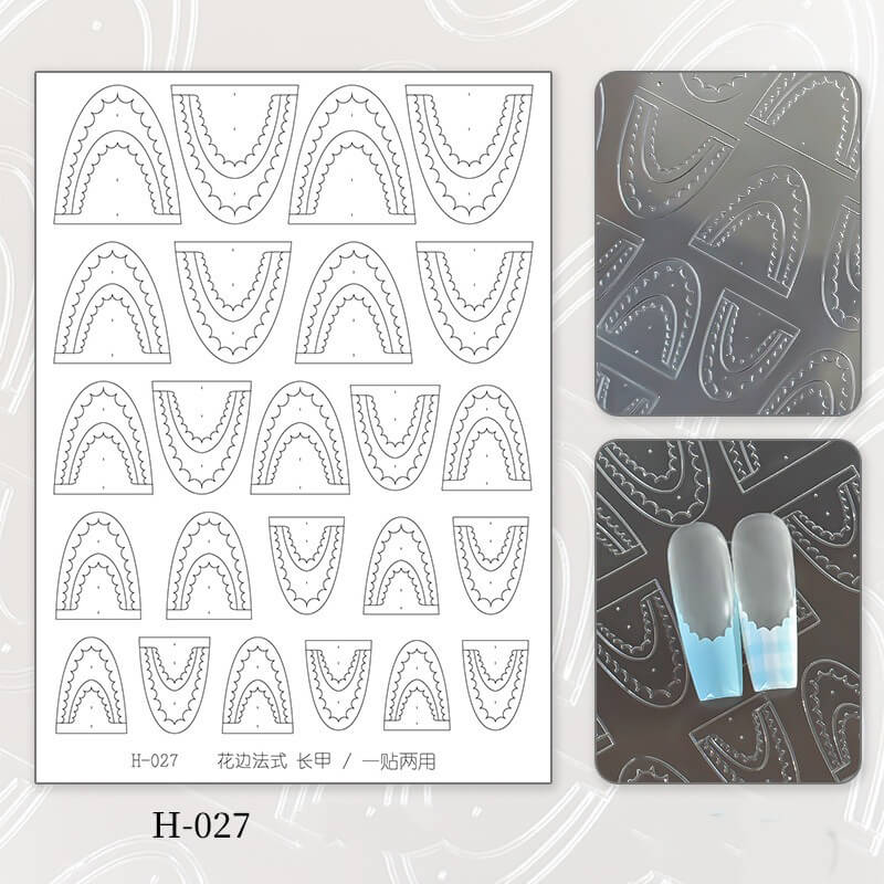 Nail art design template with medium length french patterns and a small sample of painted nails.