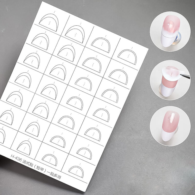 Nail art design sticker with short length french patterns and a small sample of painted nails.