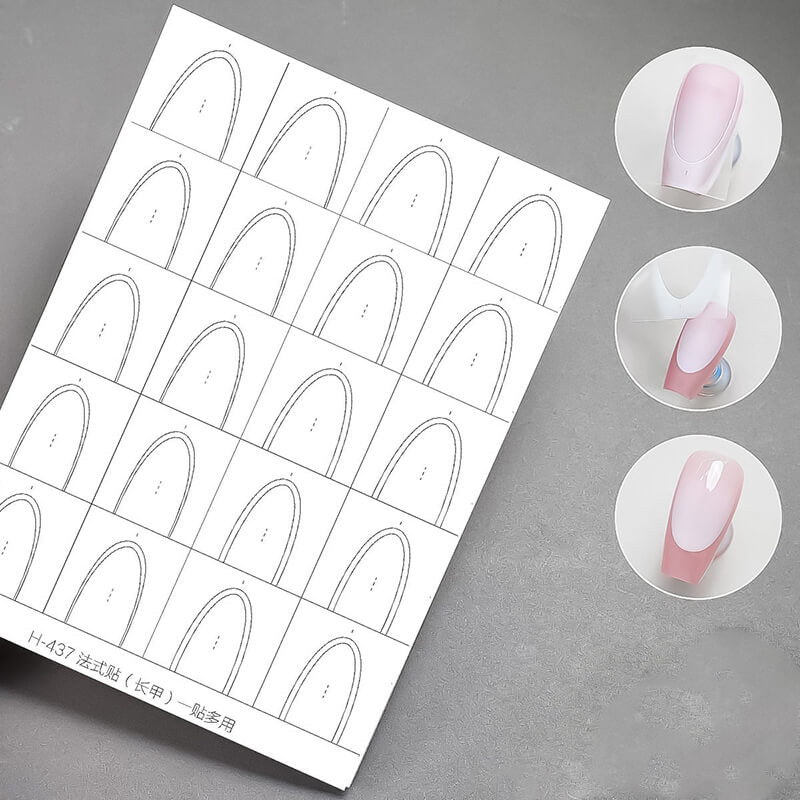 Nail art design template with long length french patterns and a small sample of painted nails.