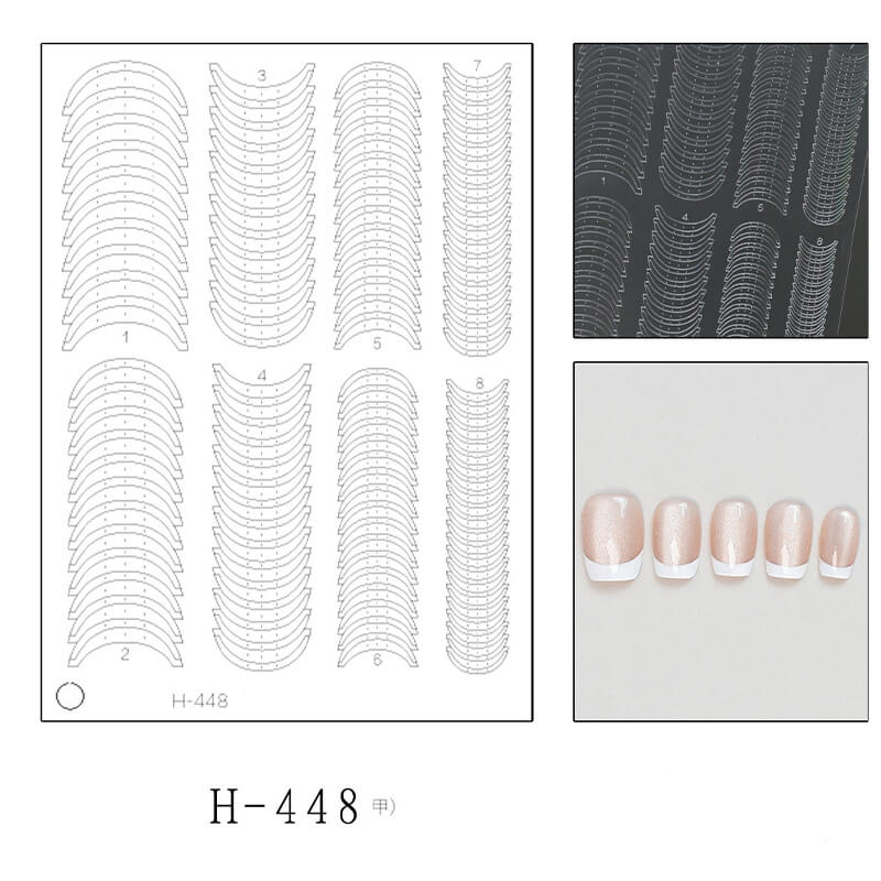 Nail art stickers with short length french patterns and a small sample of painted nails.