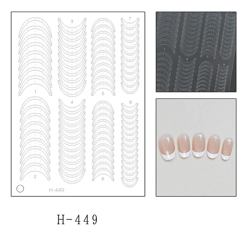 Nail art stickers with short length french patterns and a small sample of painted nails.