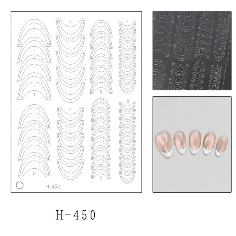 Nail art design sheet with french nail shapes and a small sample of applied nails.
