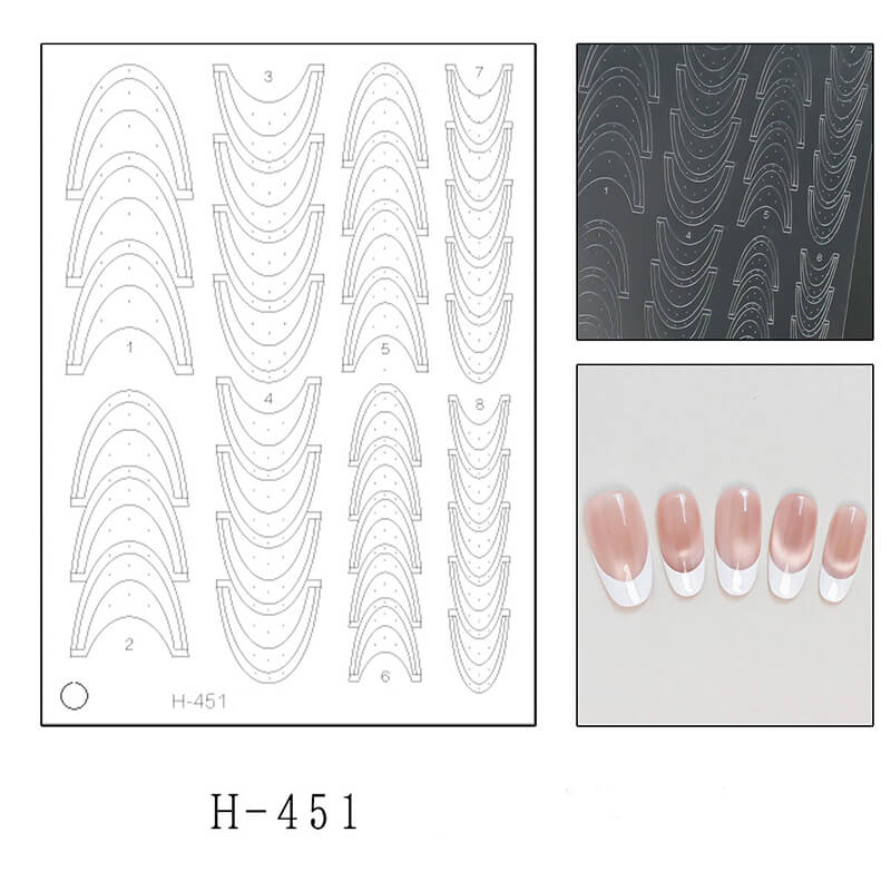 Nail art design sheet with french nail shapes and a close-up of pink and white nails.