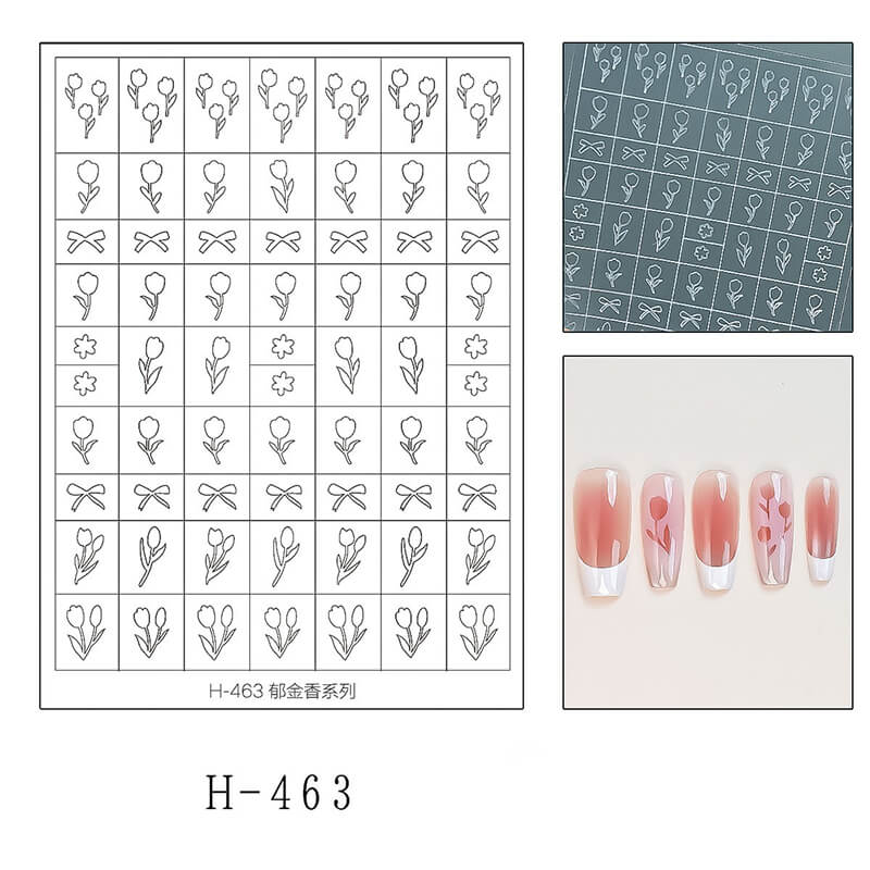 Nail art design sheet with floral and bow patterns and a sample of applied designs on nails.