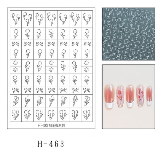 Nail art design sheet with floral and bow patterns and a sample of applied designs on nails.