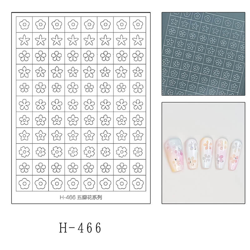 Nail art design sheet with flower patterns and sample designs on nails.