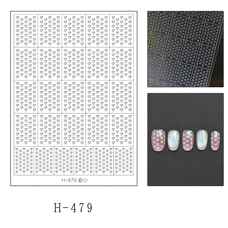 Nail art sticker sheet with heart designs and a close-up of applied nail stickers.