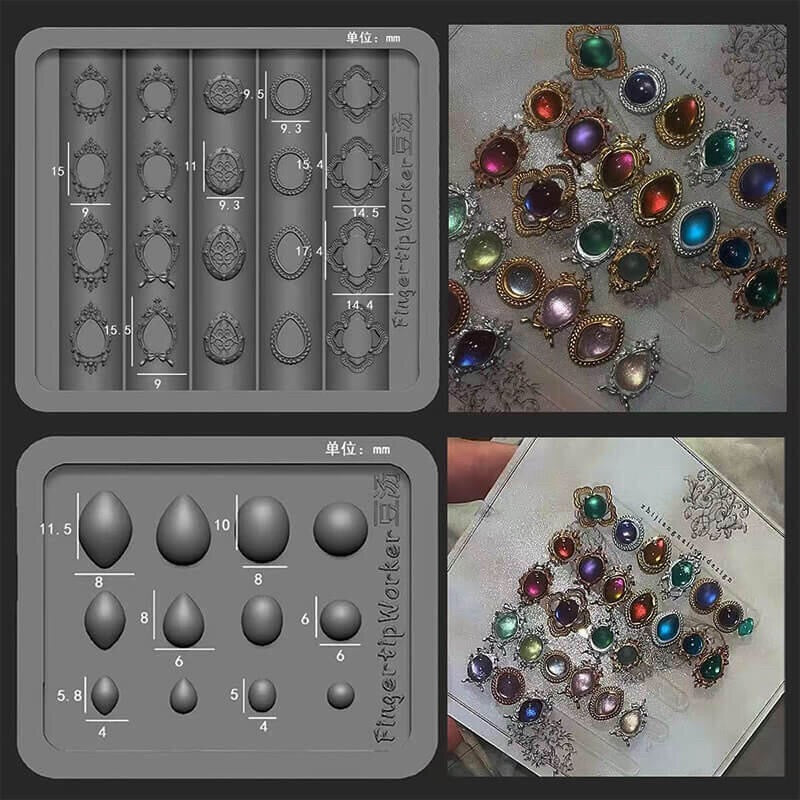 Silicone nail art mold set with two pieces, including gemstone mold and frame mold