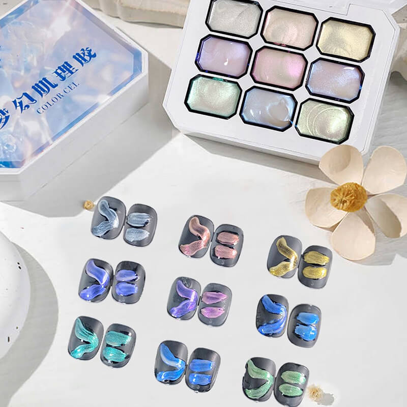 Dreamy aurora nail gel palette with multiple iridescent shades in one compact set