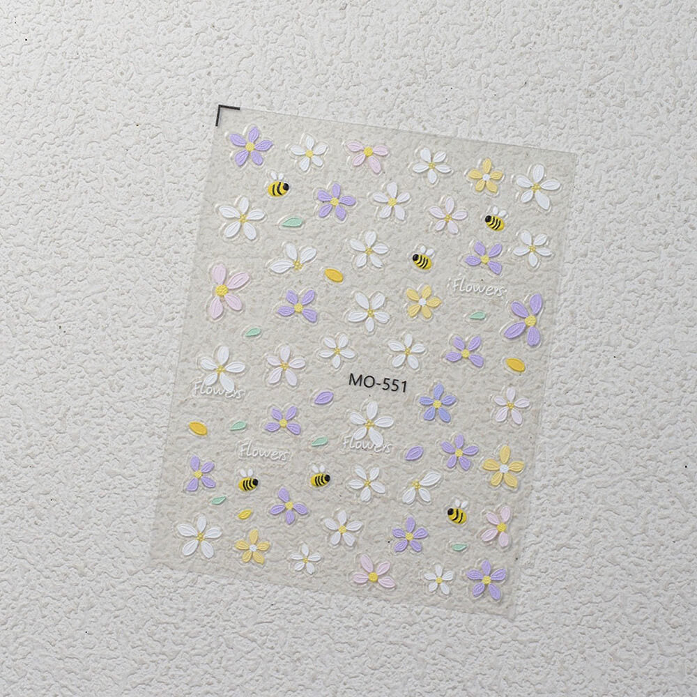 3D embossed cute flower nail stickers sheet with smiling daisies and tulips in pastel colors