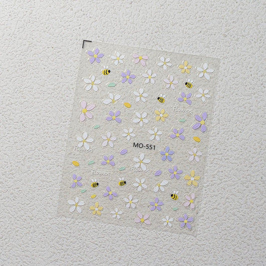 3D embossed cute flower nail stickers sheet with smiling daisies and tulips in pastel colors