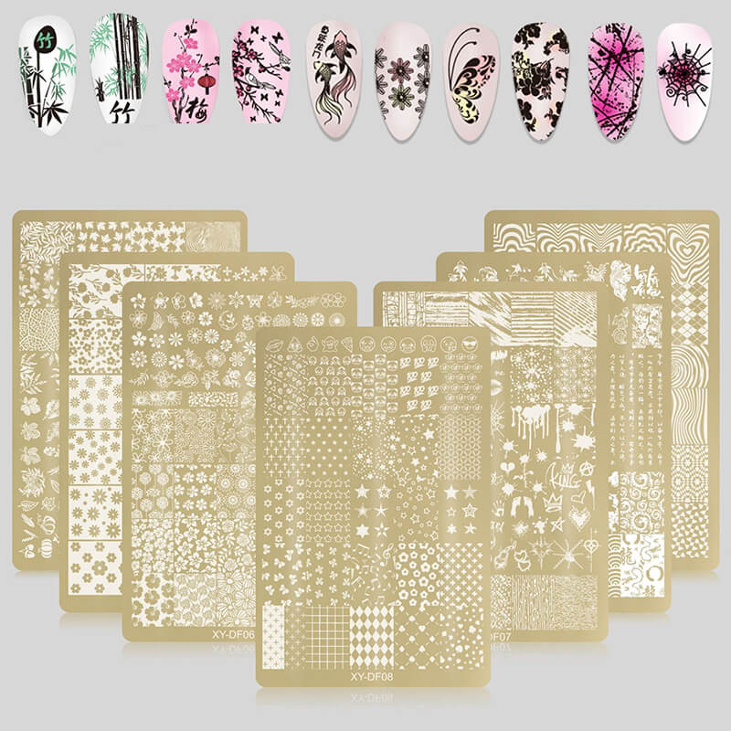 Nail stamping plate featuring multiple designs—flowers, plants, stars, and bowknots.