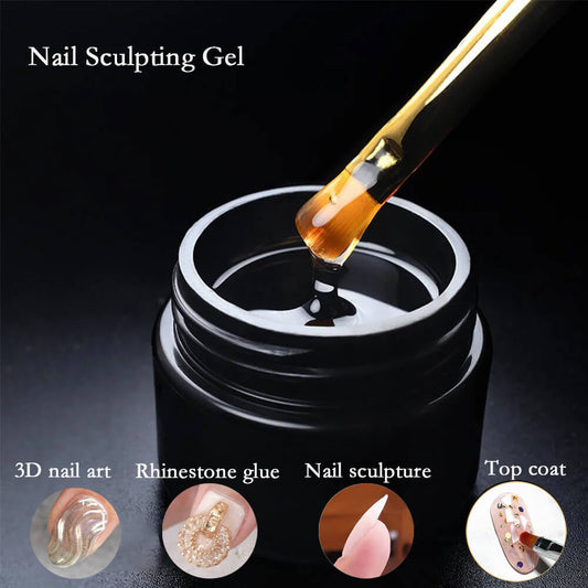 A small container of 3D nail sculpting gel with a brush applicator, showcasing its use on a nail for 3D nail art. Additional images show the gel's properties, including its application as a top coat, adhesive, and reinforcing gel.