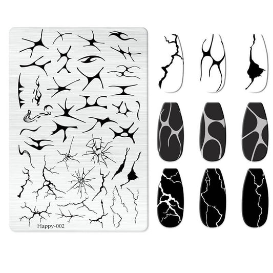 Nail art stamping plate with spider web design and matching nail art designs.