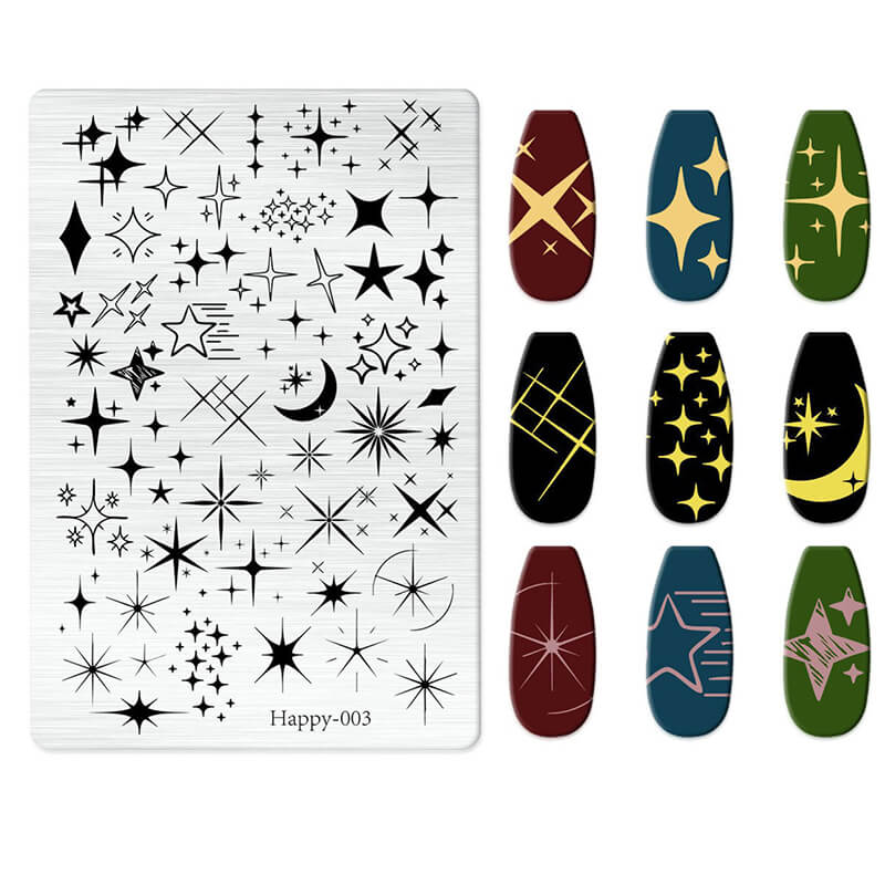 Nail art stamping plate with geometric designs and stamped nails showing application