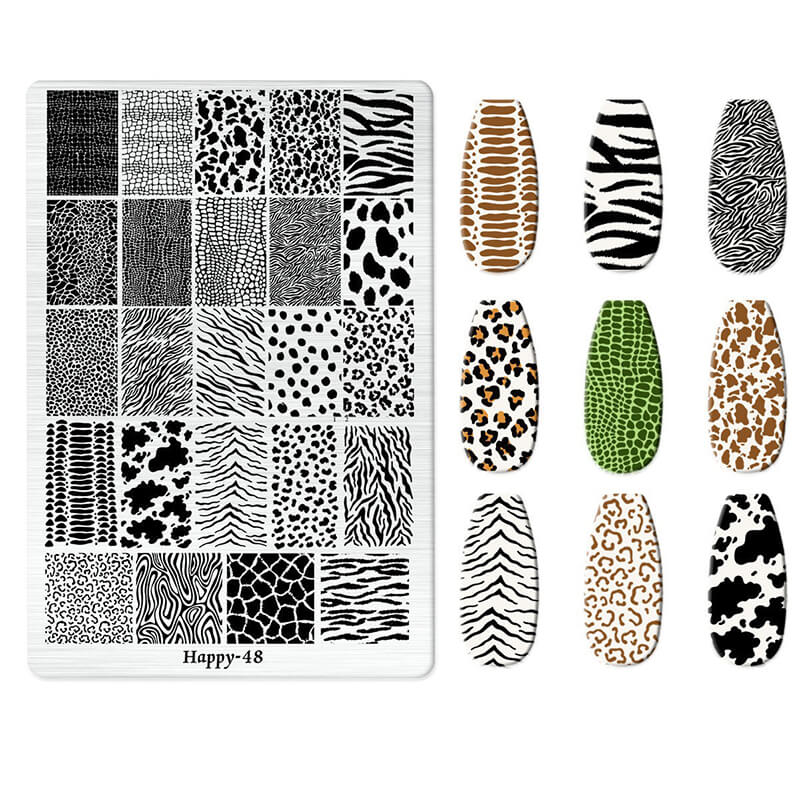 Nail art stamping plate with various animal print designs and corresponding nail samples.