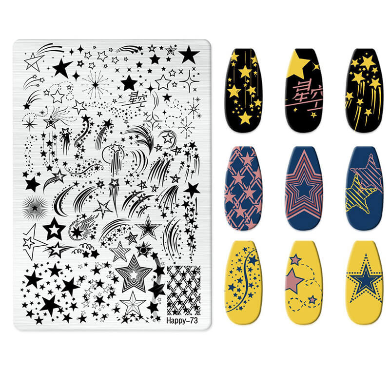 Nail art stamping plate with star designs and matching nail art designs on nails.