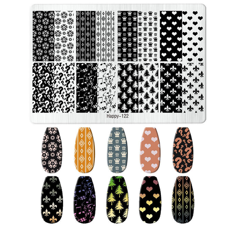 Nail art stamping plate with various patterns and matching nail stickers on a white background