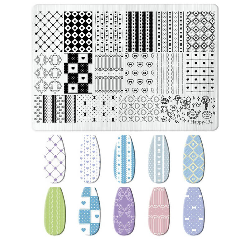 Nail art stamping plate with various patterns and sample nails displayed below.