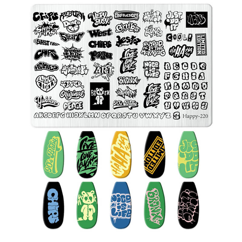 Nail art stamping plate with black and white designs and colorful nail samples below.