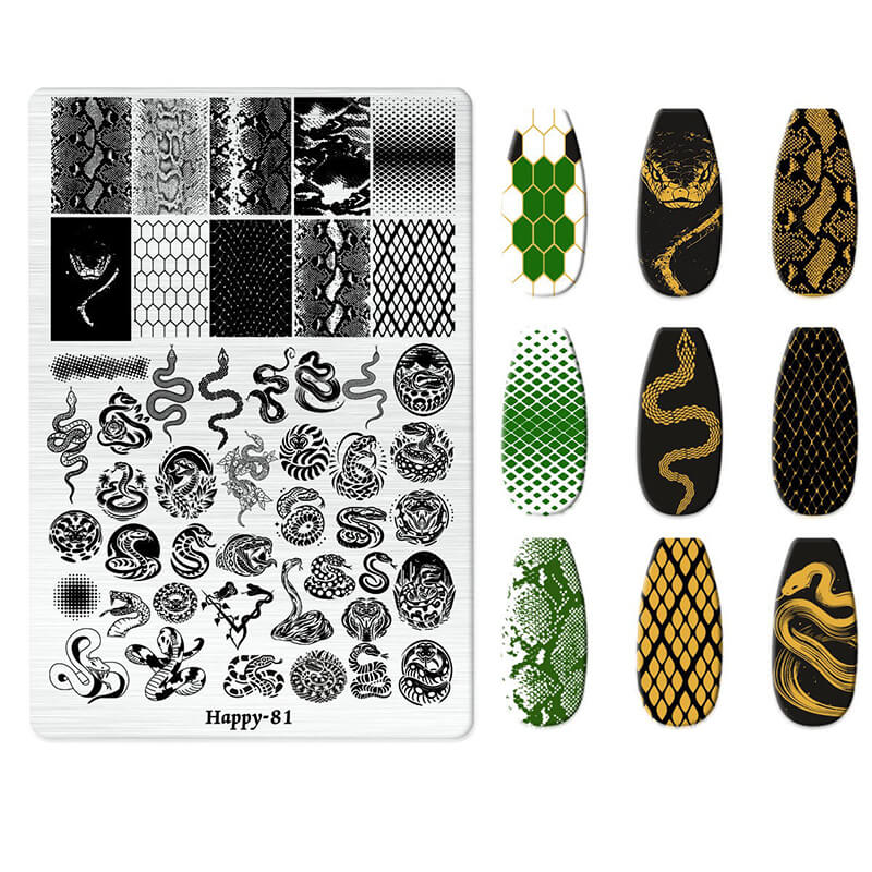 Nail art stamping plate with snake patterns and matching nail designs on a white background