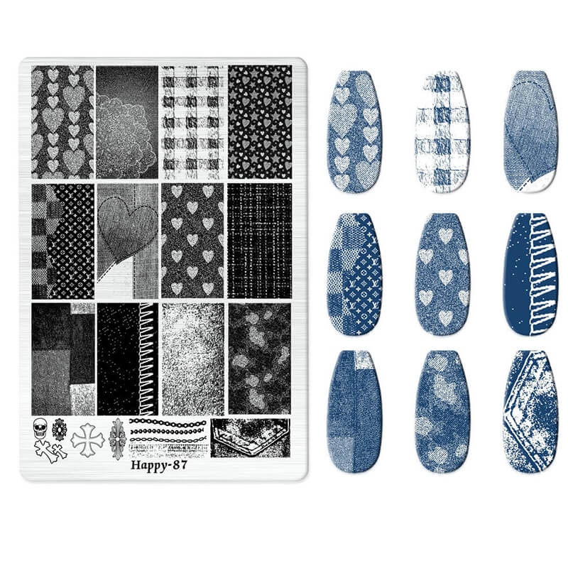 Nail art stamping plate with patterns and matching nail designs on a white background