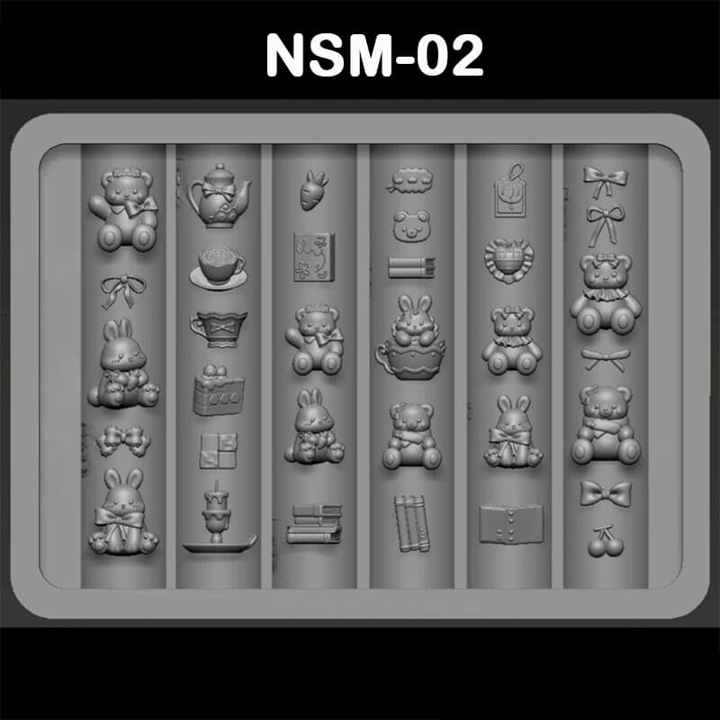 Bear and bunny nail silicone mold featuring cute animal shapes and miniature kitchen accessories