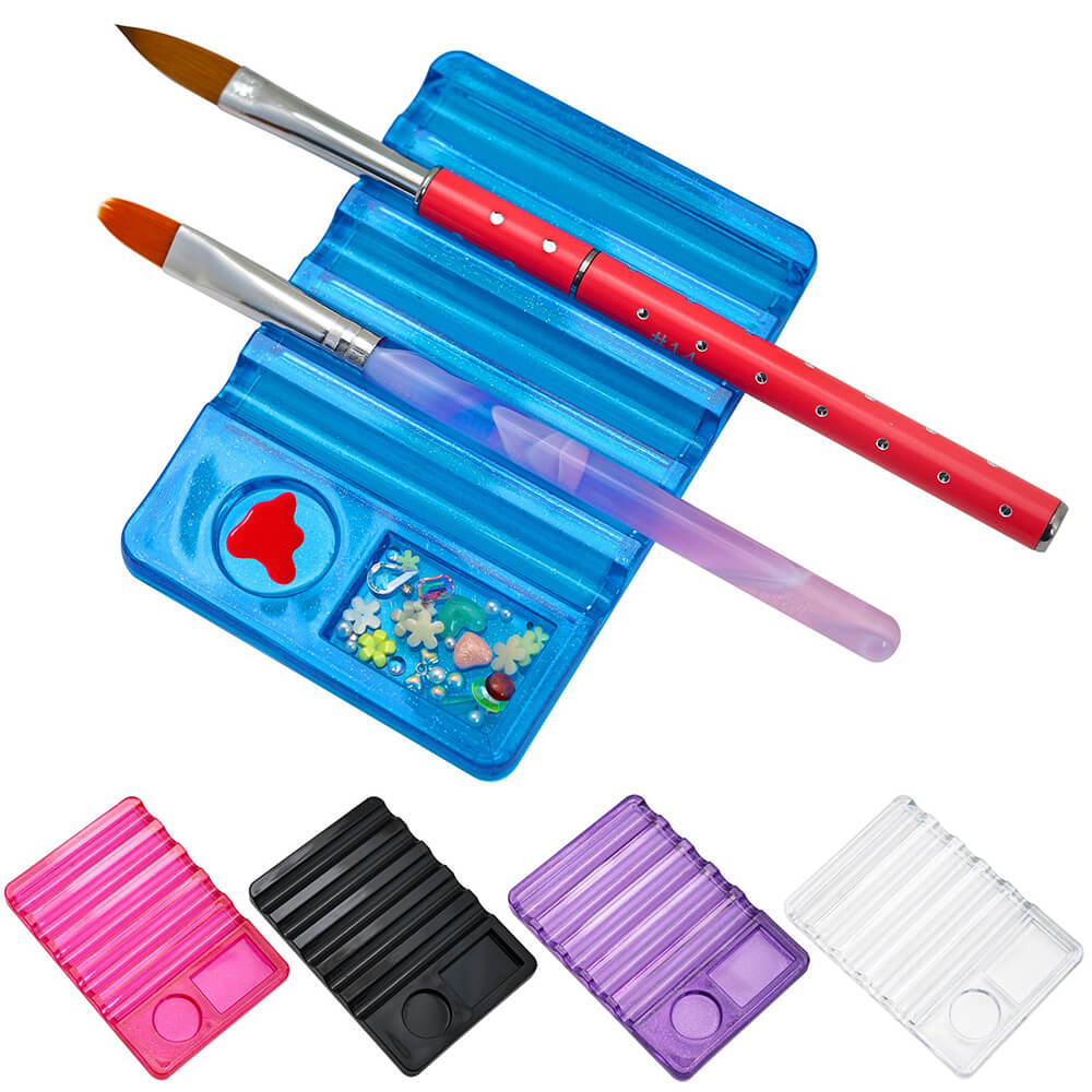 Nail artist using built-in palette to mix gel colors while brushes stored in holder