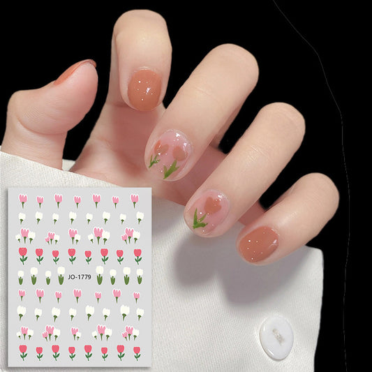 Flower nail adhesive stickers sheet with tulip and floral designs in soft colors