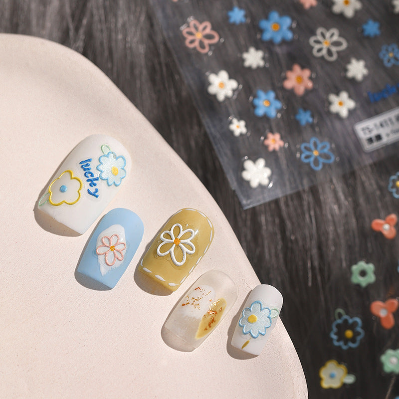 3D nail art sticker sheet with cute dimensional flower designs in assorted colors