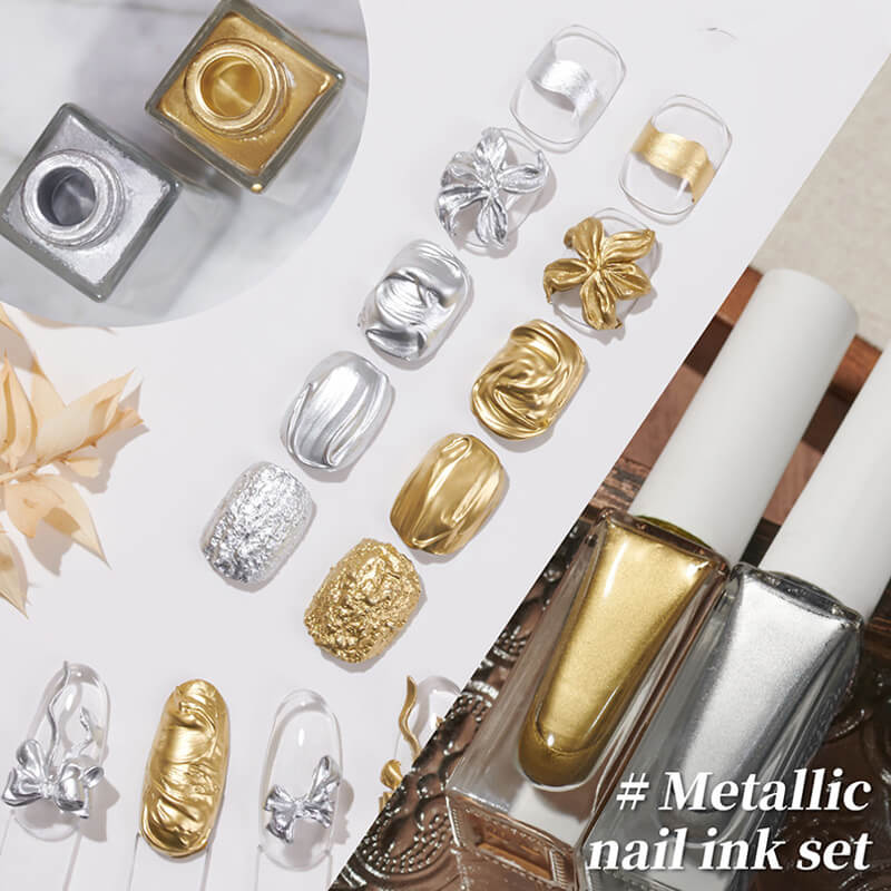 Metallic nail ink set with gold, silver, and clear nail designs on a white background.