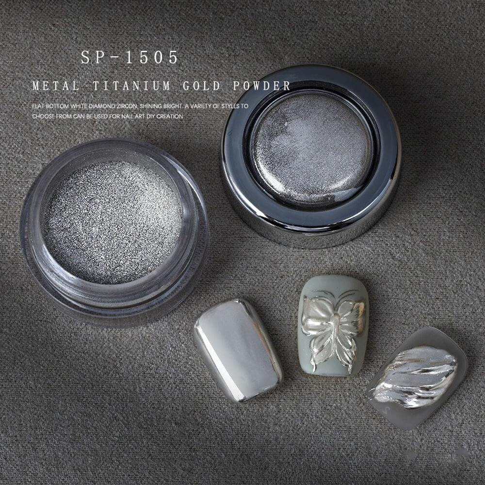 Ultra shiny titanium chrome powder in clear jar with fine metallic particles visible