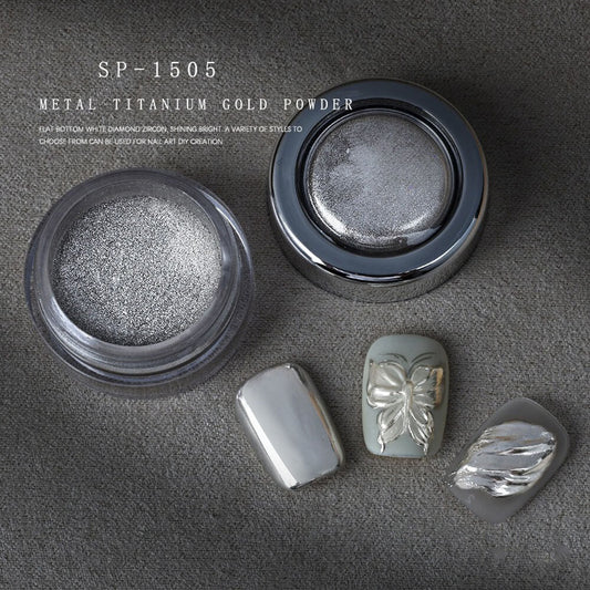 Ultra shiny titanium chrome powder in clear jar with fine metallic particles visible