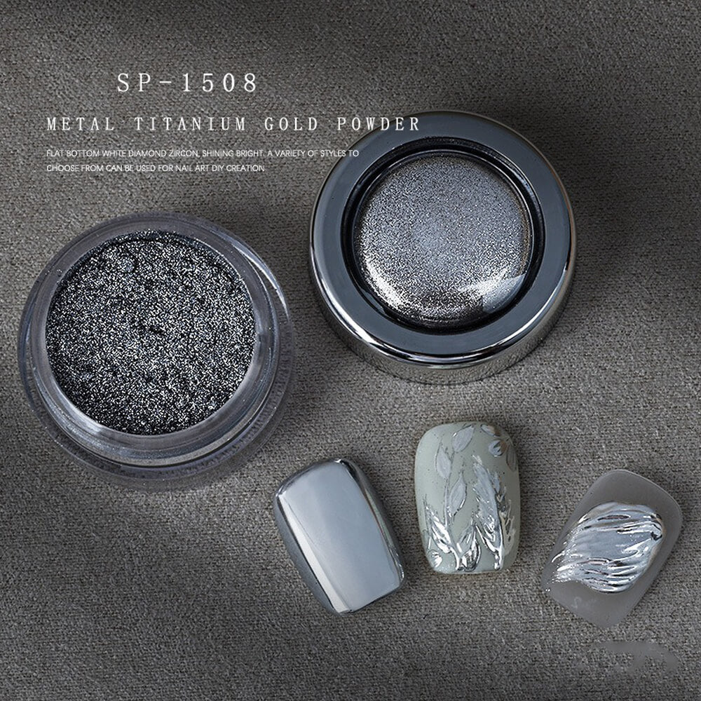 Mirror nail chrome powder container showing silver reflective pigment inside