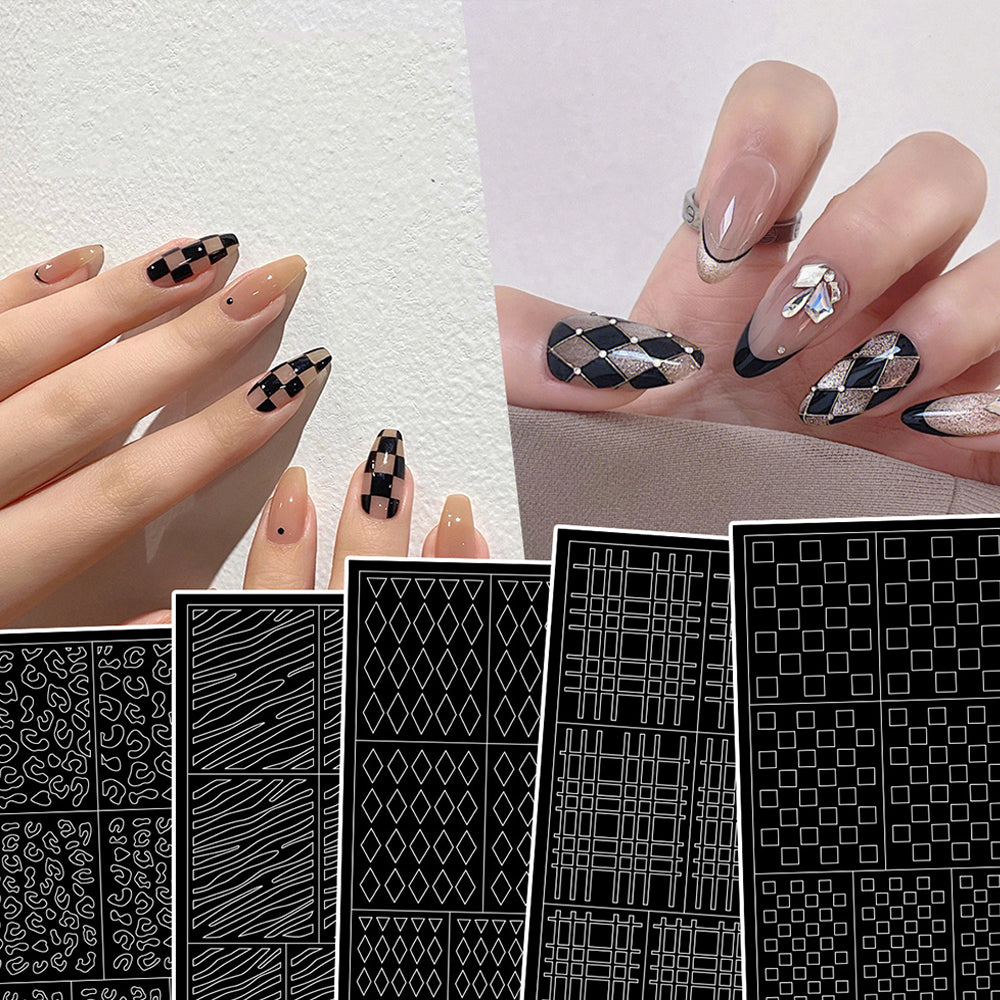 A set of nail art stickers with various geometric patterns, including zebra stripes, applied on fingernails. The stickers are black and white in color.