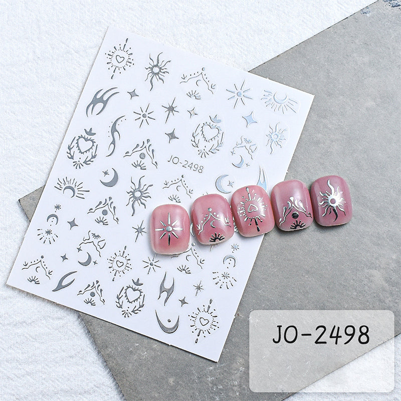 Crescent moon and flame stickers in metallic silver with mystical details