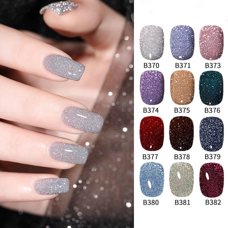 A collection of glitter nail gel shades displayed on artificial nails, ranging from silver to red colors.