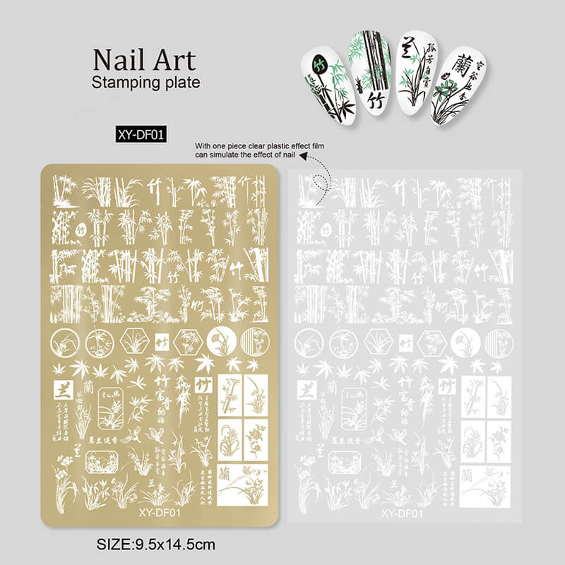Nail stamping plate featuring multiple designs—flowers, liner patterns, geometric shapes, and bowknots.