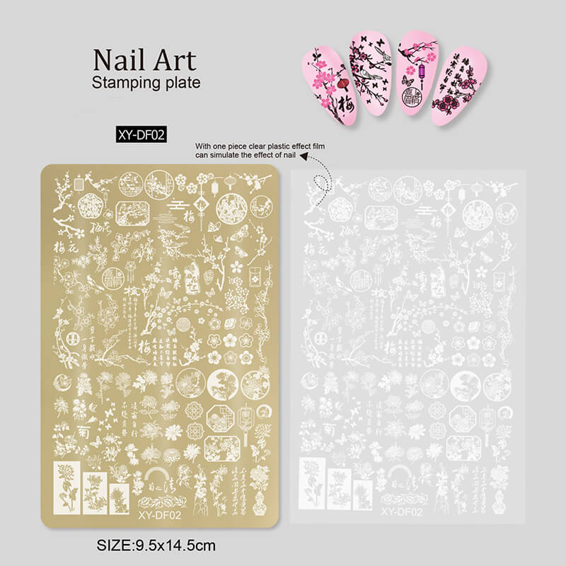 Nail art stamping plate with floral designs and clear film on a gray background