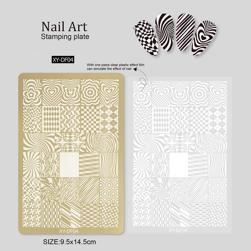 Nail art stamping plate with patterns and clear plastic effect film on a gray background
